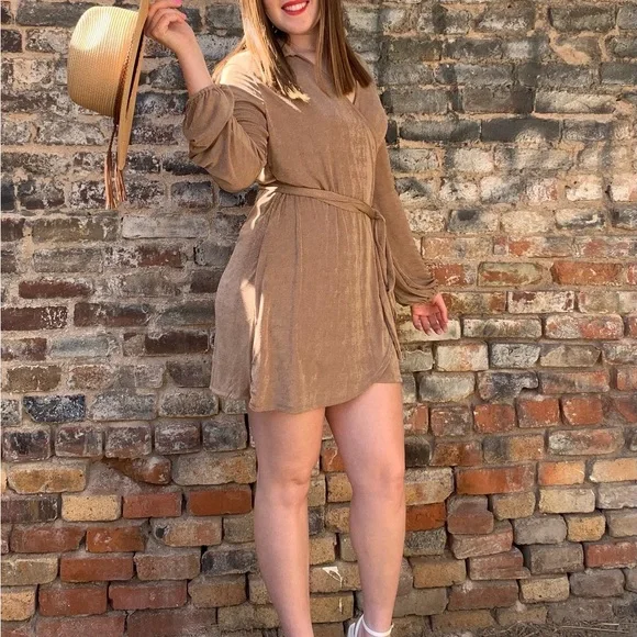 Tan Wrap Long Sleeve Mini Dress Size Small NWT - Picture 4 of 6